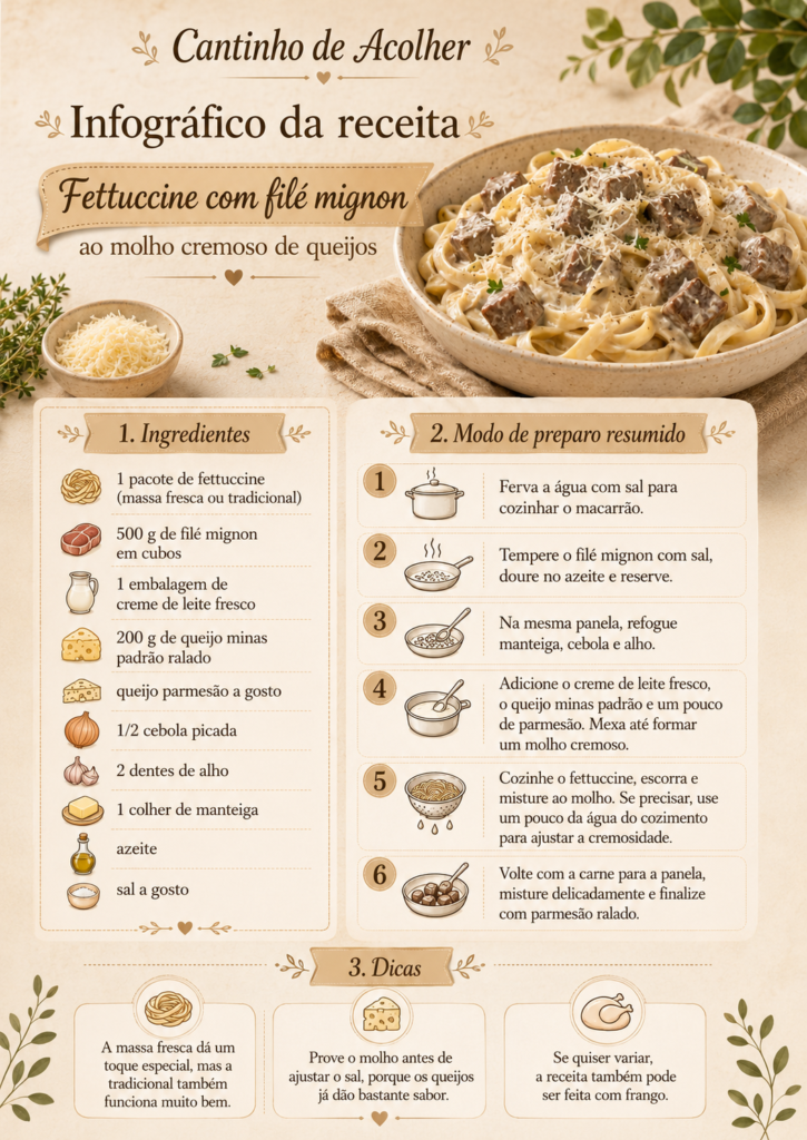 Infográfico da receita de fettuccine com filé mignon ao molho cremoso de queijos