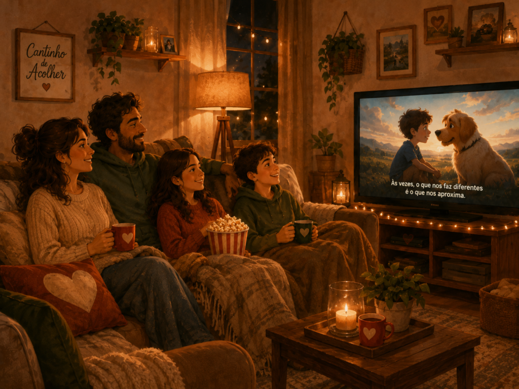 Família assistindo a filme legendado com áudio original em casa