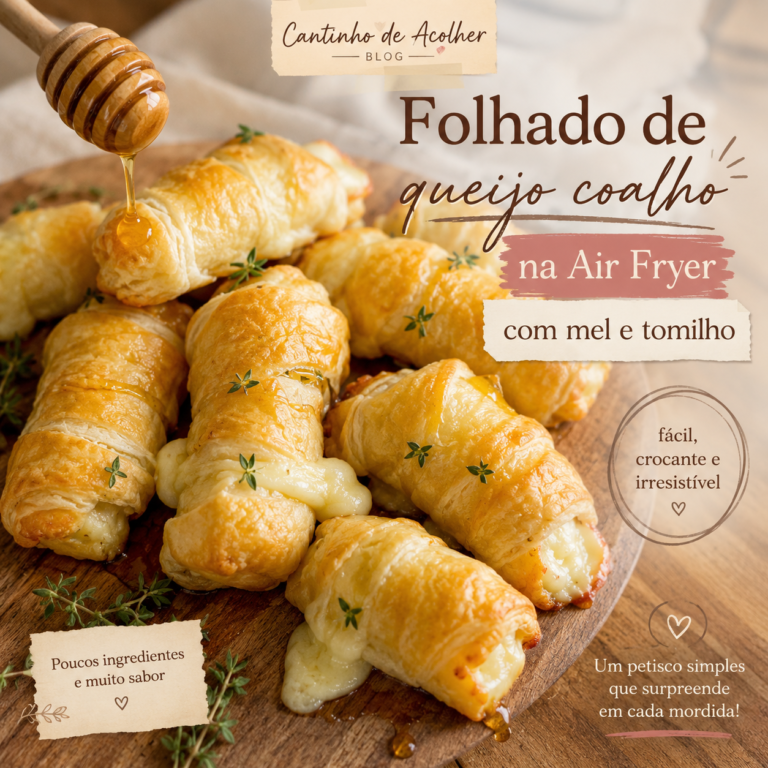 Folhado de queijo coalho na Air Fryer com mel e tomilho, dourado e crocante, servido com mel e ervas frescas.