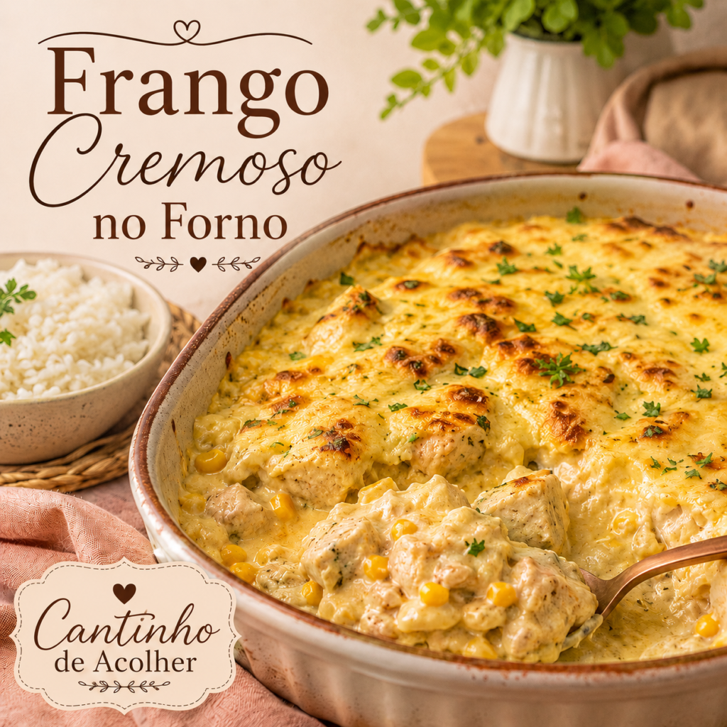 Frango cremoso no forno com milho, requeijão e muçarela gratinada, receita fácil e prática