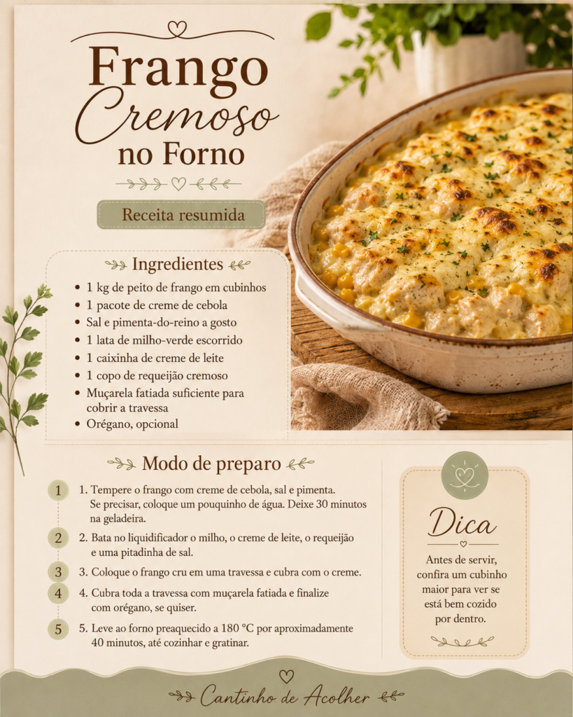 Infográfico da receita de frango cremoso no forno com ingredientes e modo de preparo