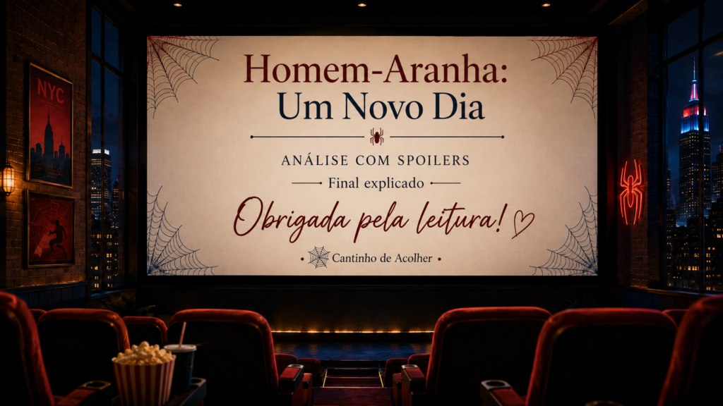 Sala de cinema com mensagem de agradecimento no final da análise com spoilers de Homem-Aranha: Um Novo Dia