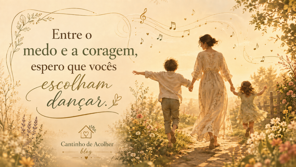Mãe caminhando com os filhos em um jardim, com a frase “Entre o medo e a coragem, espero que vocês escolham dançar”, inspirada em I Hope You Dance.