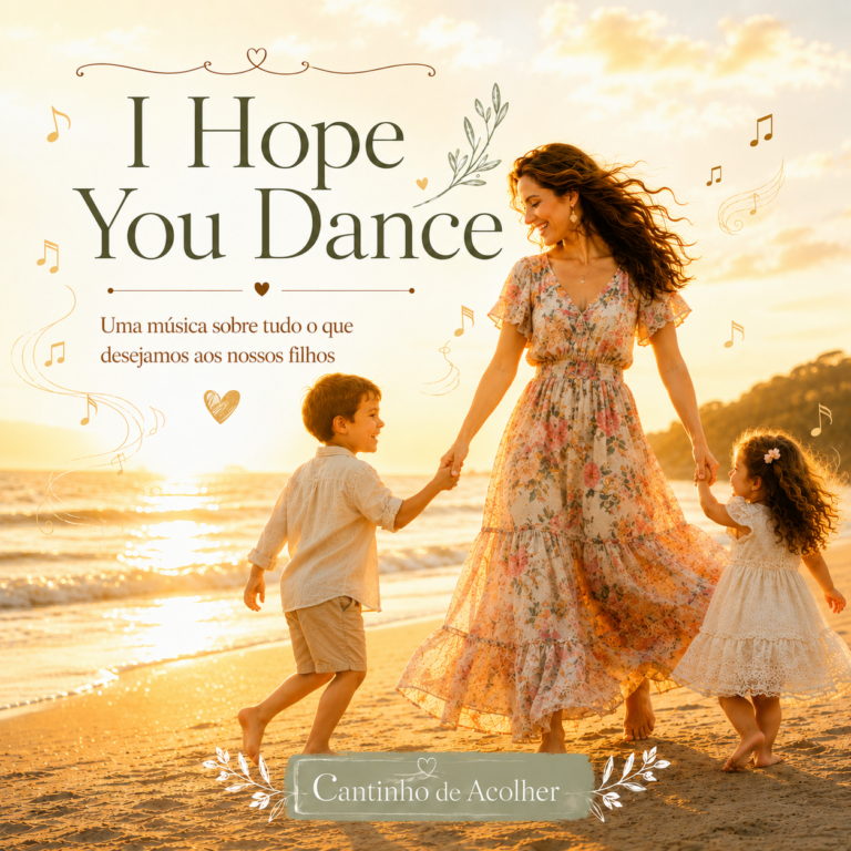 Mãe com um filho e uma filha na praia, inspirada no significado de I Hope You Dance e nos desejos de uma mãe para os filhos.