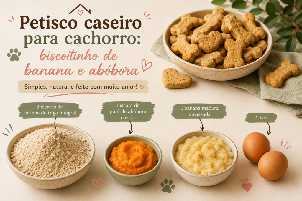 Ingredientes do biscoitinho caseiro para cachorro com banana, abóbora, ovo e farinha.