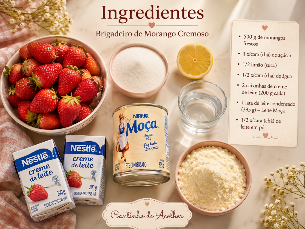 Ingredientes do brigadeiro de morango cremoso com geleia caseira: morangos, açúcar, limão, leite condensado, creme de leite, leite em pó e água.