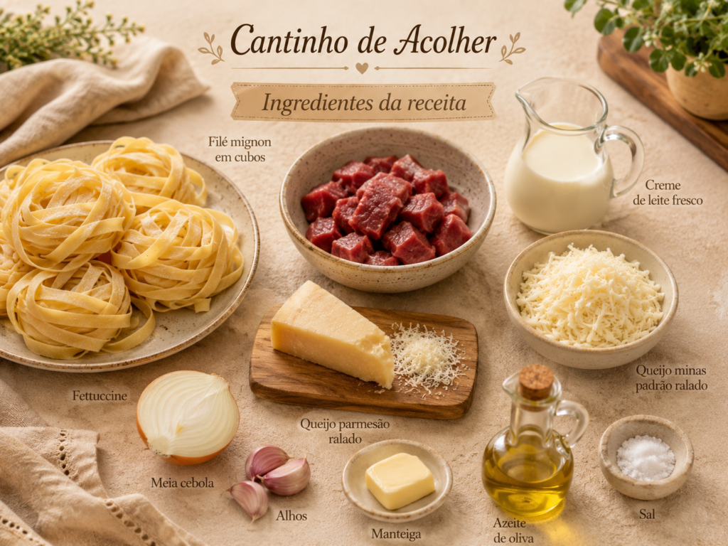 Ingredientes da receita de fettuccine com filé mignon ao molho cremoso de queijos