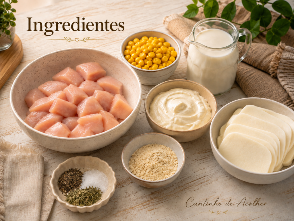 Ingredientes do frango cremoso no forno, com frango em cubos, milho, creme de leite, requeijão, muçarela fatiada e temperos