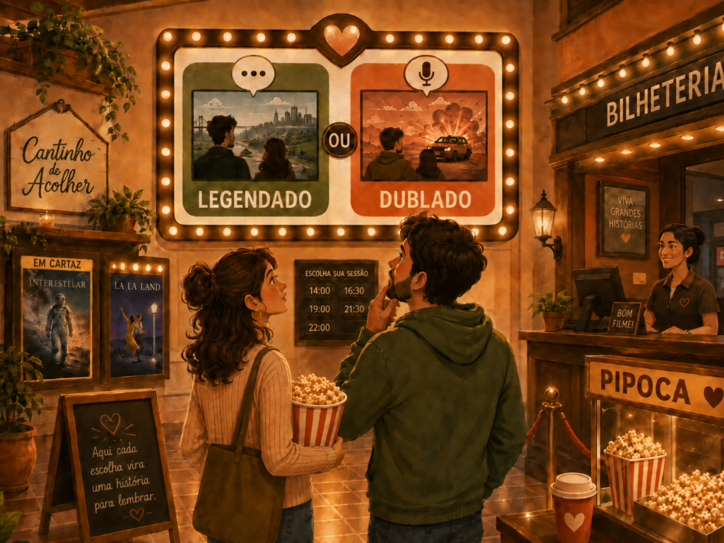 Casal escolhendo entre sessão legendada ou dublada no cinema