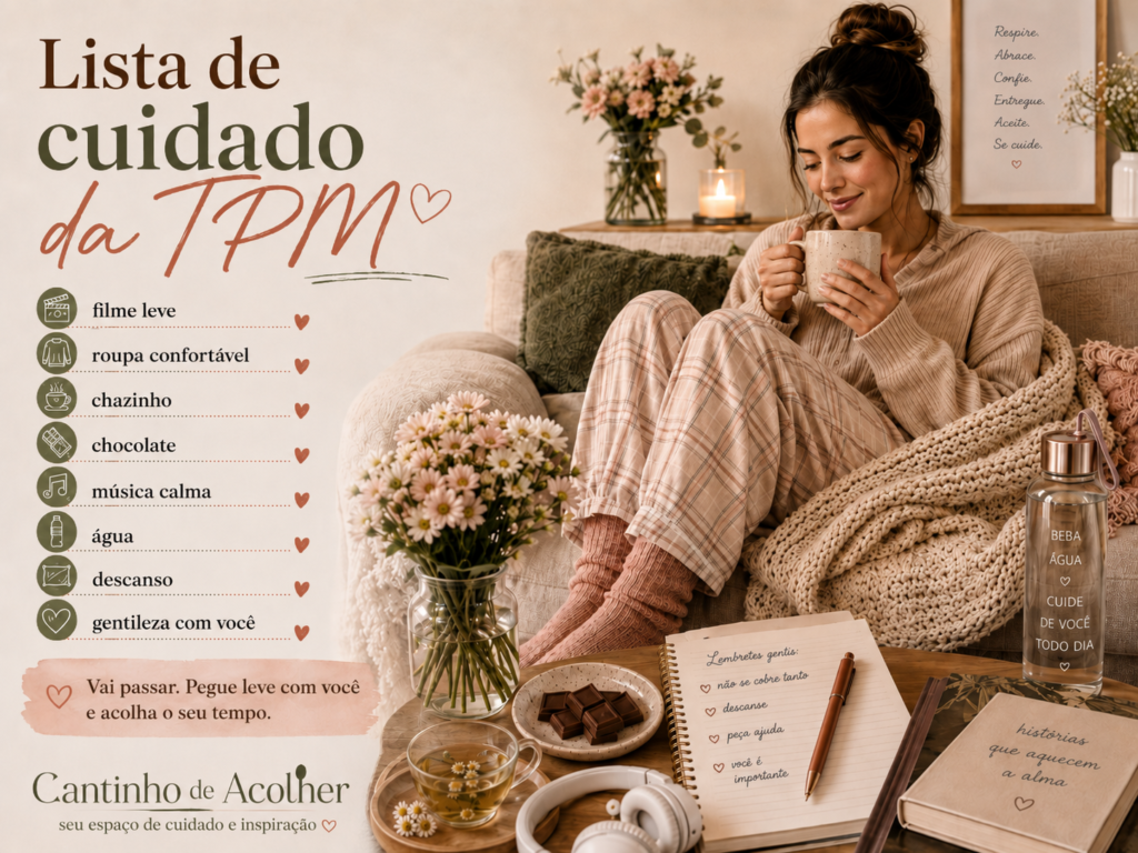 Lista de cuidados para a TPM com chá, chocolate, roupa confortável, descanso, música calma e gentileza consigo mesma.