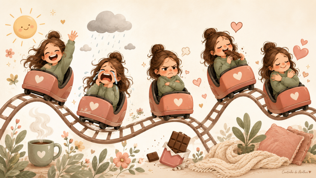 Ilustração da montanha-russa das emoções na TPM, com mulher rindo, chorando, irritada, comendo chocolate e buscando acolhimento.