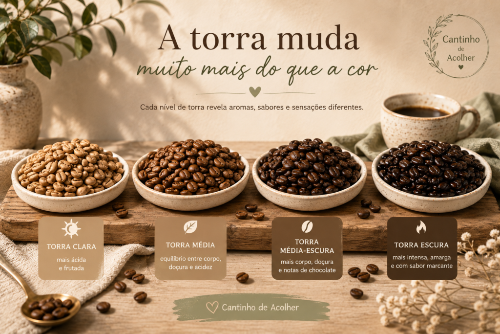 Comparação entre torra clara, média, média-escura e escura, mostrando como a cor dos grãos muda conforme o nível de torra do café.