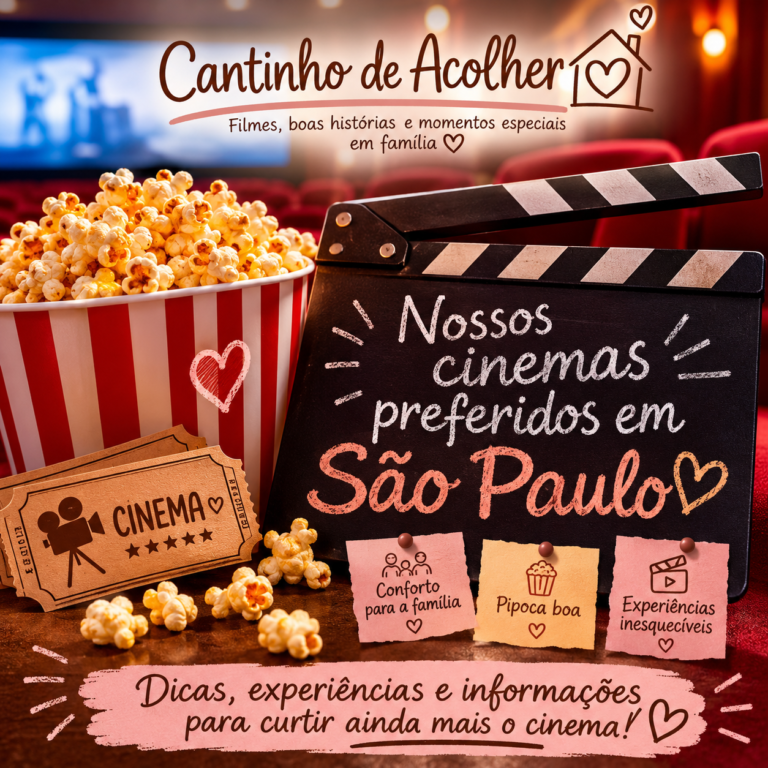 Capa do artigo sobre nossos cinemas preferidos em São Paulo, com pipoca, claquete e clima aconchegante de cinema.