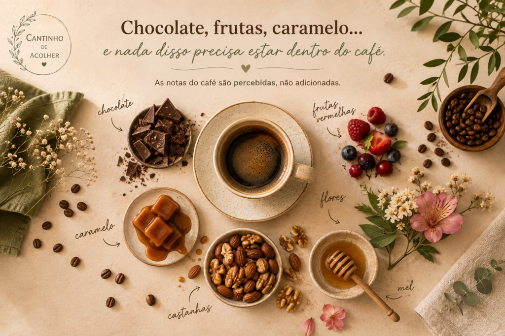 Notas sensoriais do café representadas por chocolate, caramelo, castanhas, frutas vermelhas, flores e mel ao redor de uma xícara de café.