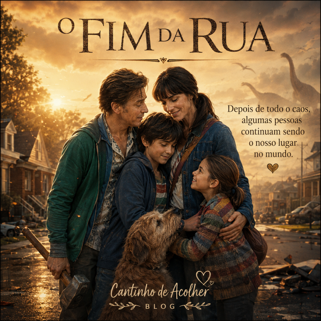 Família reunida após sobreviver aos acontecimentos de O Fim da Rua, em uma cena emocionante com clima de reencontro.