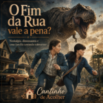 Denise e Greg correndo por um bairro enquanto um dinossauro aparece ao fundo, em arte do filme O Fim da Rua.