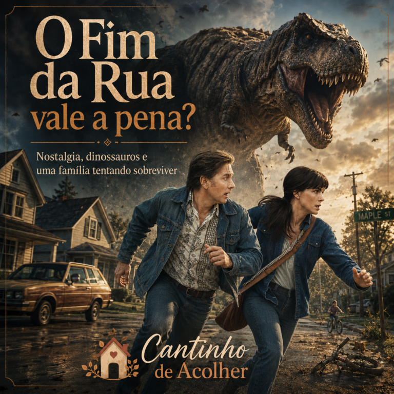 Denise e Greg correndo por um bairro enquanto um dinossauro aparece ao fundo, em arte do filme O Fim da Rua.