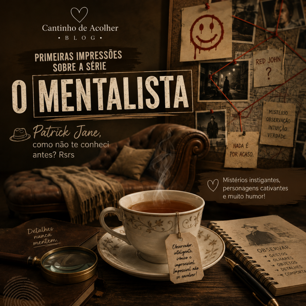 Capa do artigo sobre O Mentalista com xícara de chá, sofá, lupa e quadro de investigação inspirado na série