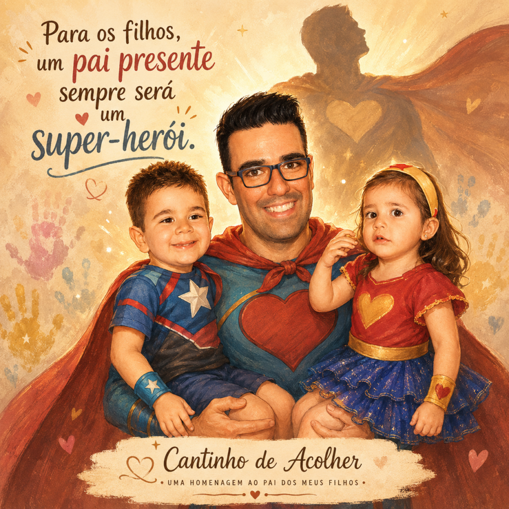 João com os filhos pequenos em uma ilustração de Dia dos Pais, representado como o super-herói das crianças em uma homenagem especial do Cantinho de Acolher.