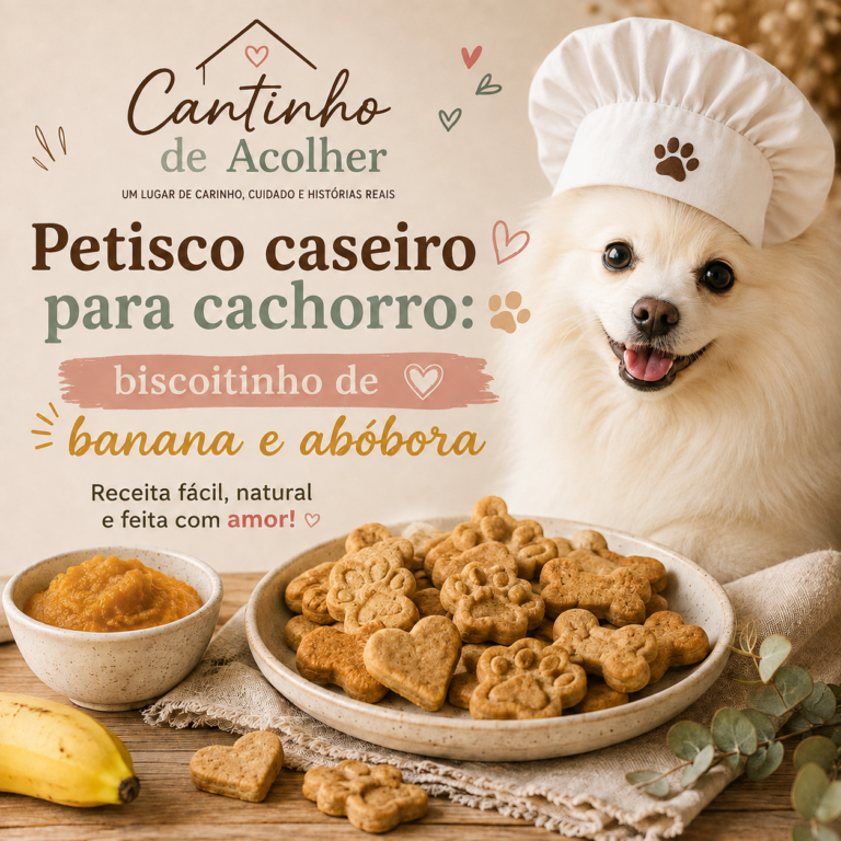 Spitz alemão branco com chapéu de chef ao lado de biscoitinhos caseiros de banana e abóbora para cachorro.