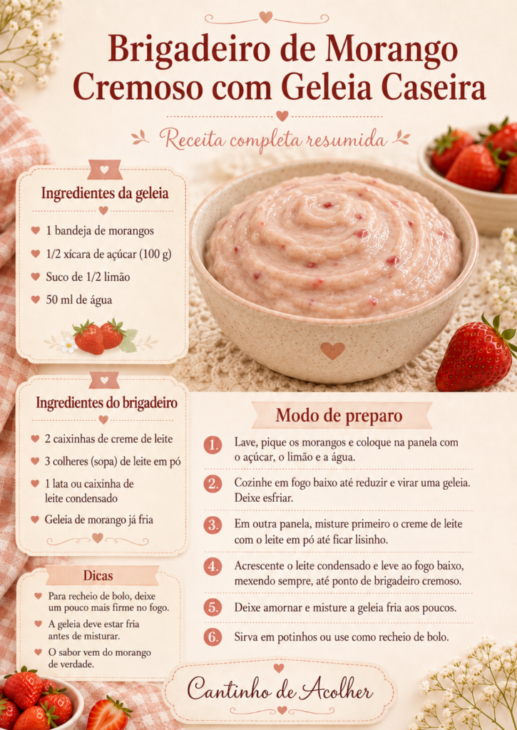 Infográfico da receita de brigadeiro de morango cremoso com geleia caseira, com ingredientes, modo de preparo e dicas.