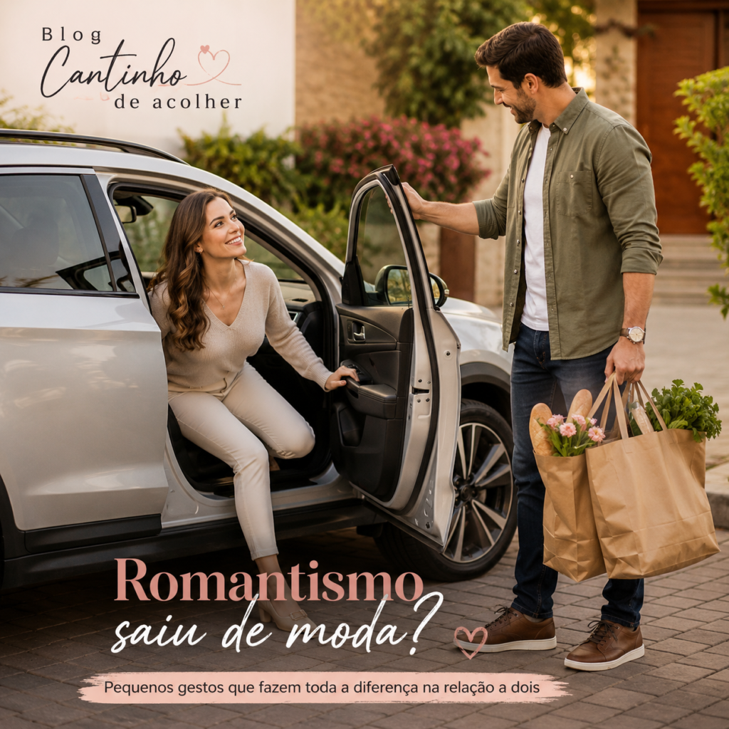 Casal em momento romântico, com homem abrindo a porta do carro e carregando as compras para a mulher.