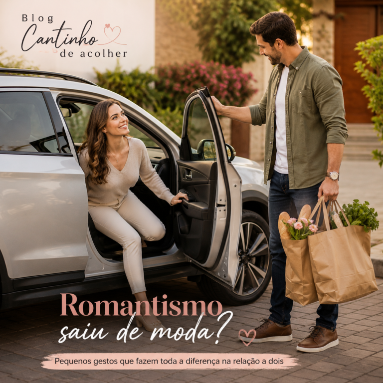 Casal em momento romântico, com homem abrindo a porta do carro e carregando as compras para a mulher.
