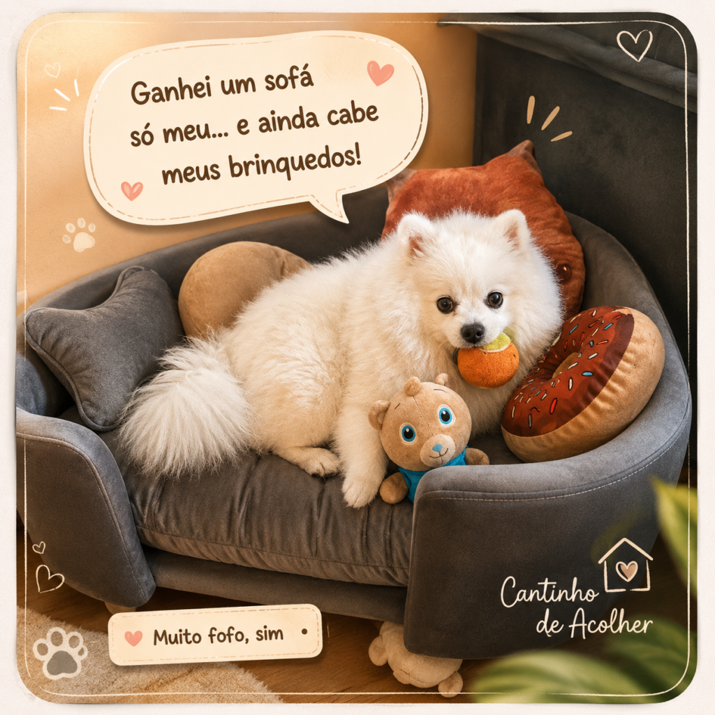 Steve, Spitz Alemão branco, deitado na cama sofá para cachorro com seus brinquedos