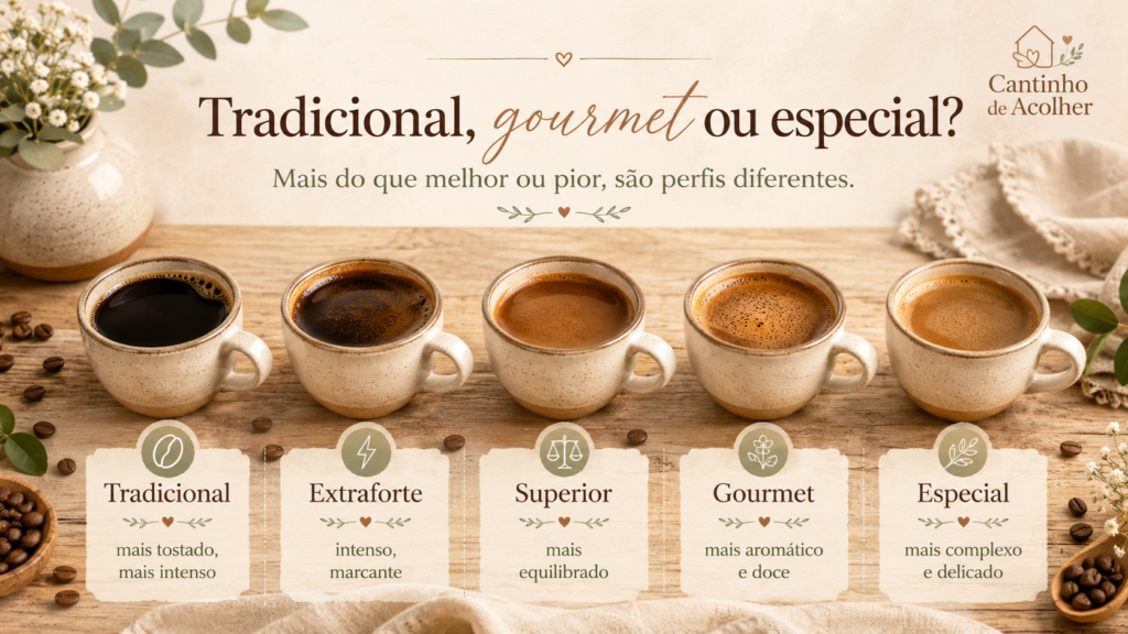 Comparação entre café tradicional, extraforte, superior, gourmet e especial, mostrando diferentes perfis de sabor e intensidade.