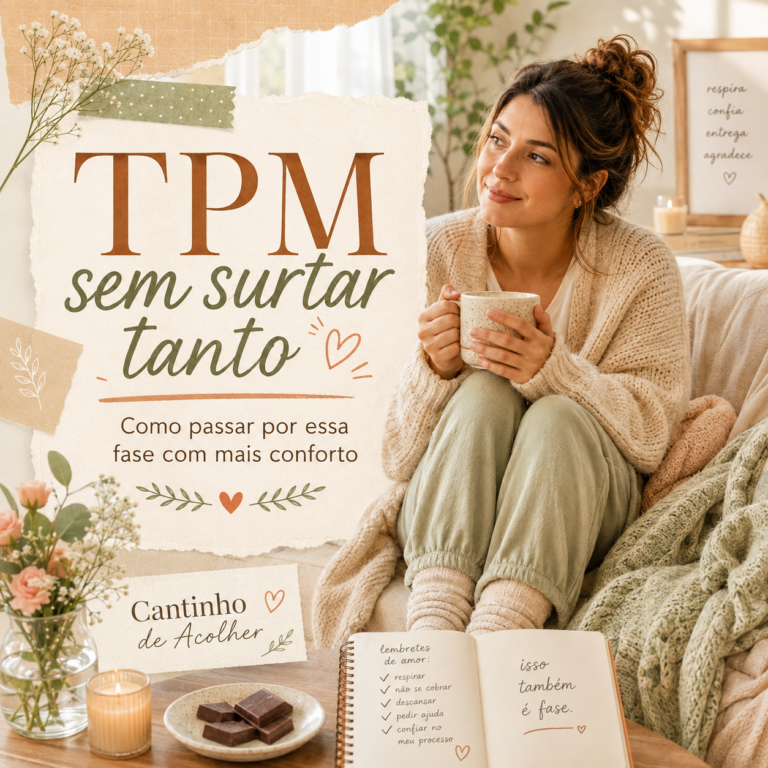 Mulher em um cantinho acolhedor com roupa confortável, chá e chocolate durante a TPM, em artigo com dicas para aliviar os sintomas.