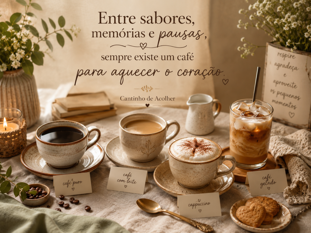 Mesa aconchegante com café puro, café com leite, cappuccino e café gelado, representando diferentes formas de apreciar o café.