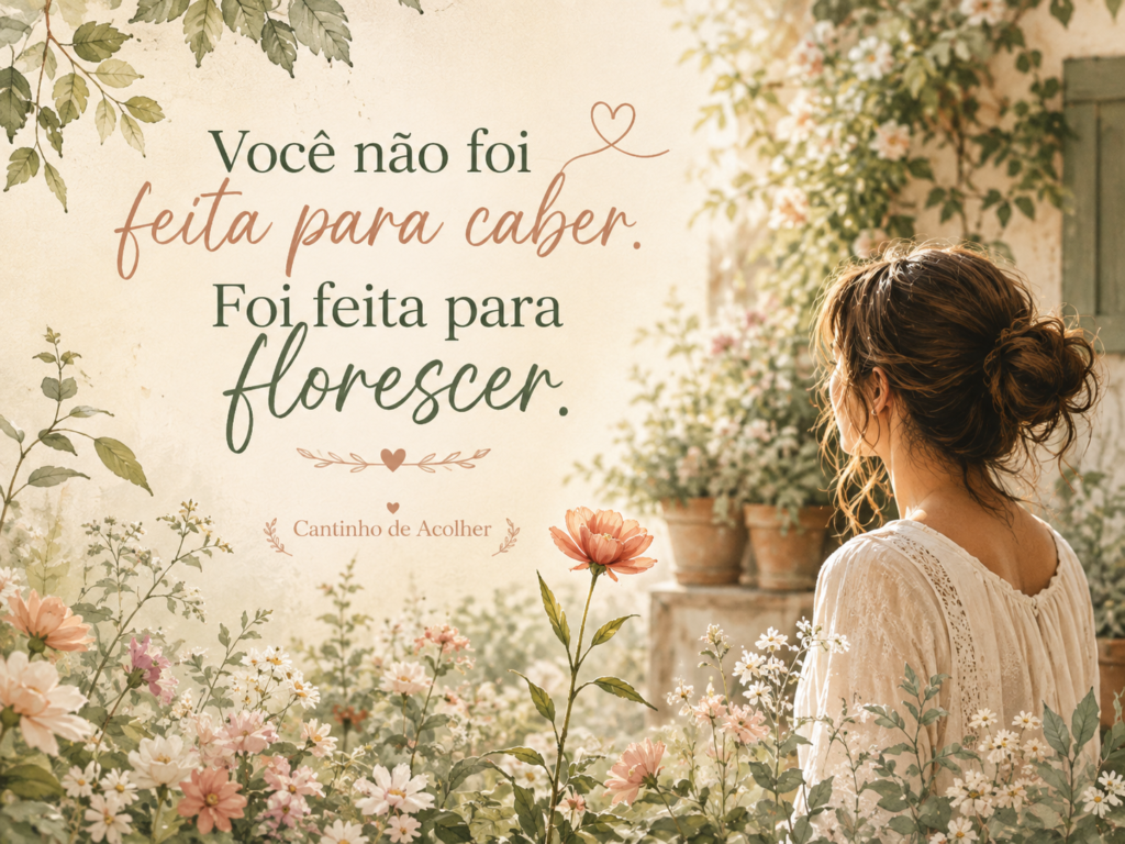 Mulher observando um jardim florido com a frase: “Você não foi feita para caber. Foi feita para florescer.”