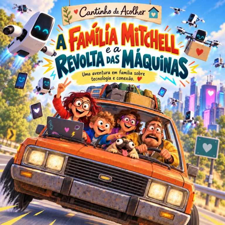 Ilustração inspirada em A Família Mitchell e a Revolta das Máquinas, com a família em uma viagem de carro cercada por robôs e tecnologia.