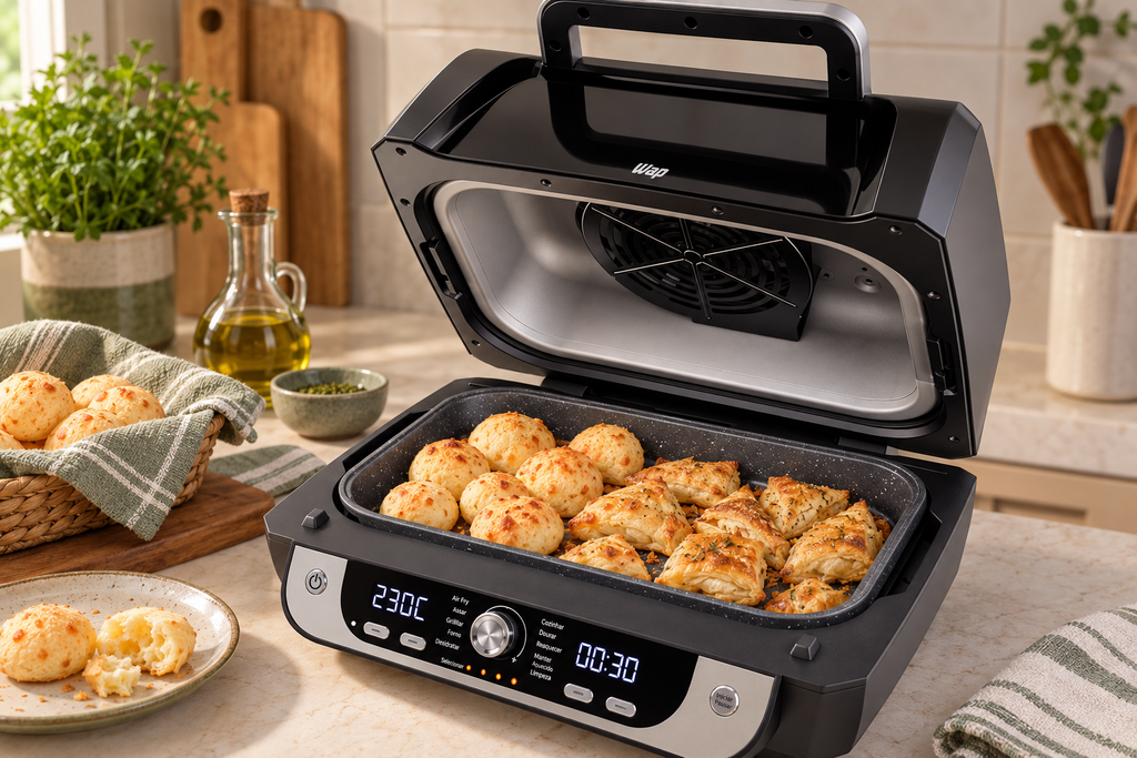 Air Fryer WAP Barbecue aberta preparando pães de queijo