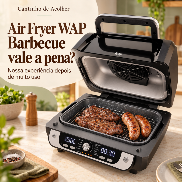 Air Fryer WAP Barbecue aberta com carnes e linguiças na grelha