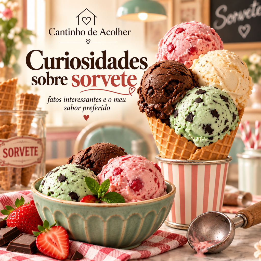 Capa do artigo Curiosidades sobre sorvete, com bolas de chocolate, morango, creme e menta com chocolate em uma sorveteria de estilo retrô.