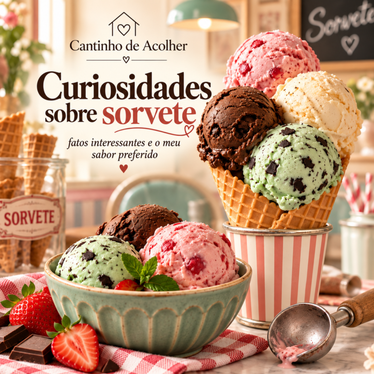 Capa do artigo Curiosidades sobre sorvete, com bolas de chocolate, morango, creme e menta com chocolate em uma sorveteria de estilo retrô.