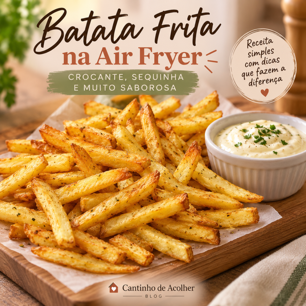 Batata frita na Air Fryer crocante e dourada, servida sobre tábua de madeira com molho cremoso ao lado.