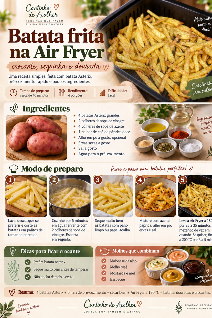 Infográfico da receita de batata frita na Air Fryer crocante, com ingredientes, passo a passo, dicas de preparo e sugestões de molhos.