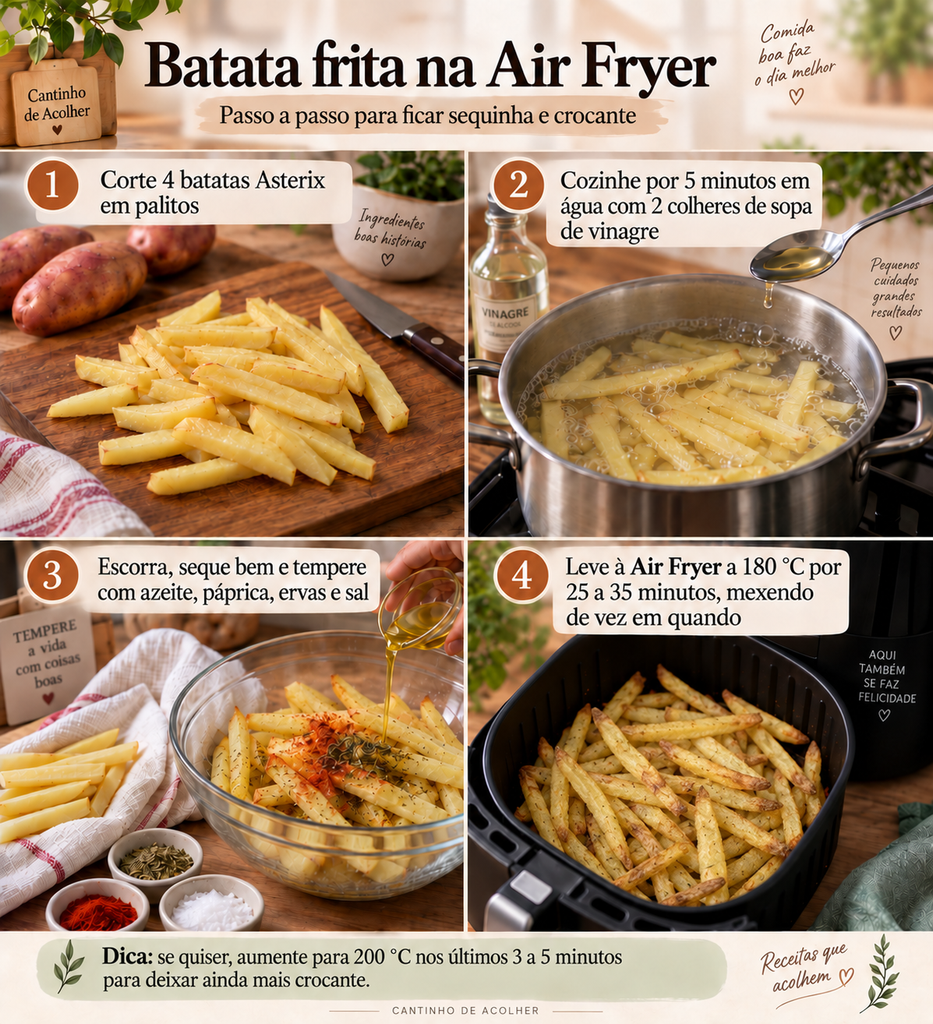 Passo a passo da batata frita na Air Fryer com batata Asterix, pré-cozimento com vinagre, temperos e preparo até ficar crocante e dourada.