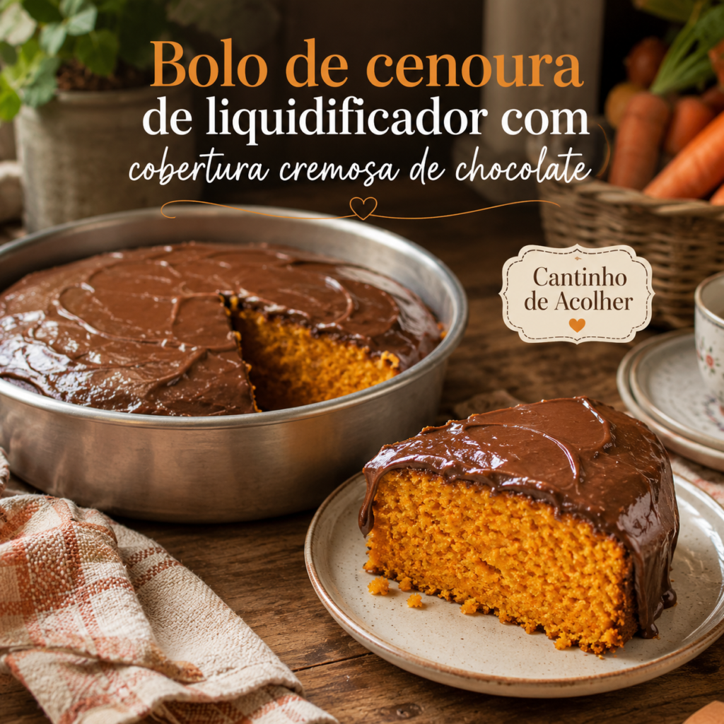 Bolo de cenoura de liquidificador com cobertura cremosa de chocolate, servido na forma redonda com uma fatia ao lado