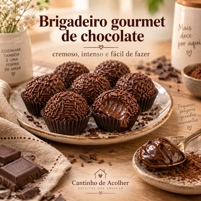 Brigadeiros gourmet de chocolate com granulado, um deles aberto mostrando o recheio cremoso