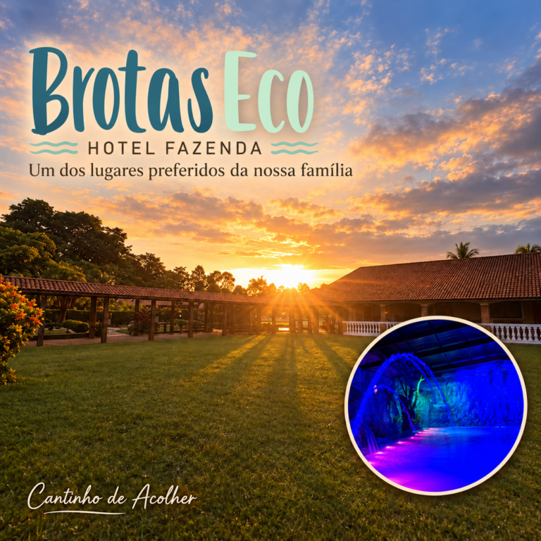 Capa do artigo sobre o Brotas Eco Hotel Fazenda, com pôr do sol na área externa e destaque da Lagoa Encantada.