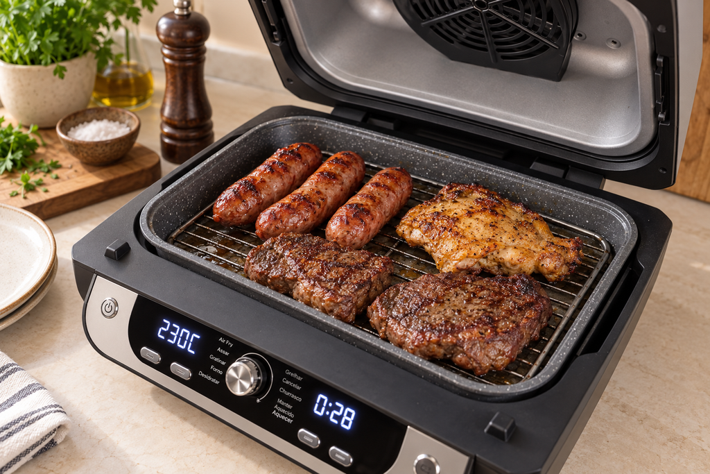 Carnes e linguiças assando na grelha da Air Fryer WAP Barbecue