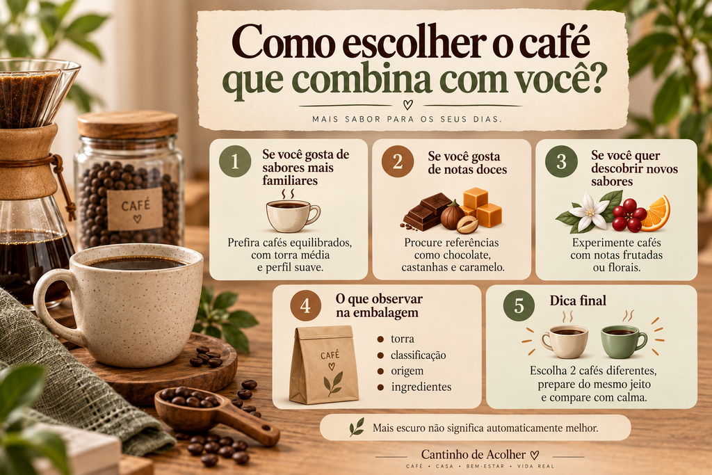 Guia visual com dicas para escolher café de acordo com o gosto pessoal, considerando torra, perfil de sabor, origem e ingredientes.