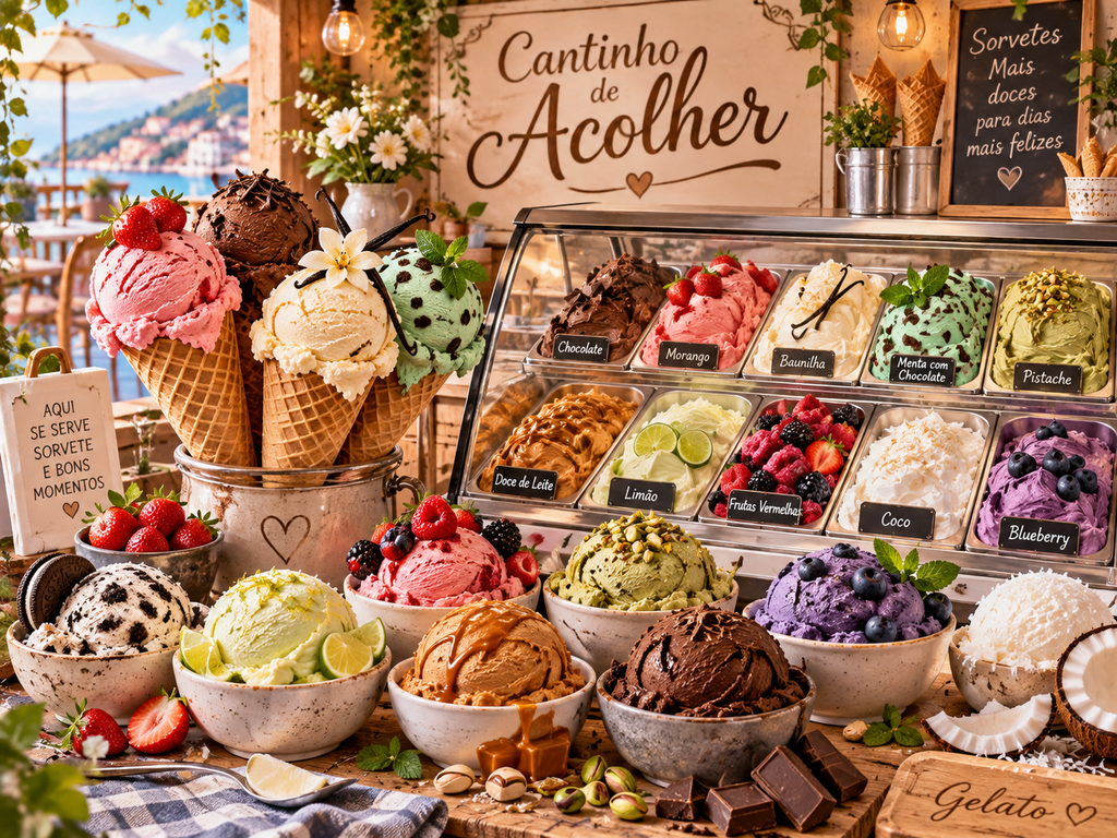 Vários sabores de sorvete em cones, potes e vitrine de gelateria, com chocolate, morango, baunilha, menta com chocolate, pistache e outros sabores.