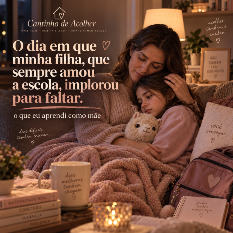 Mãe abraçando a filha em um momento de acolhimento após um dia difícil na escola