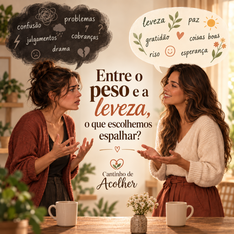 Duas mulheres conversando, uma cercada por palavras de conflito e outra por palavras de leveza, ilustrando as escolhas sobre o que espalhamos por onde passamos.