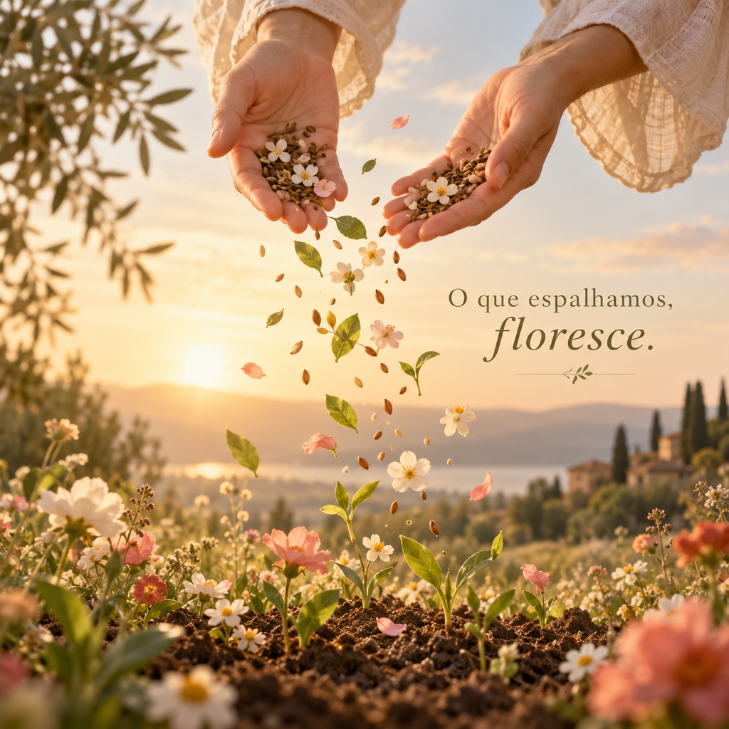Mãos espalhando sementes que se transformam em flores, representando a leveza e as coisas boas que escolhemos espalhar pela vida.