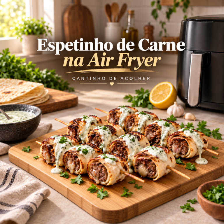Espetinho de carne na Air Fryer com queijo e molho de iogurte, servido em tábua escura